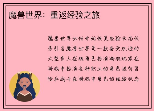 魔兽世界：重返经验之旅
